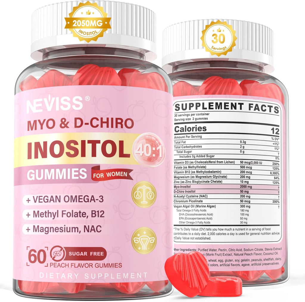 Myo-Inositol & D-Chiro Inositol Gummies Sin Azúcar, Ratio 40:1 con Omega-3 Vegano, Vitamina D3, Magnesio, Folato Metilado, B12 - Complemento Multivitamínico para el Bienestar Femenino