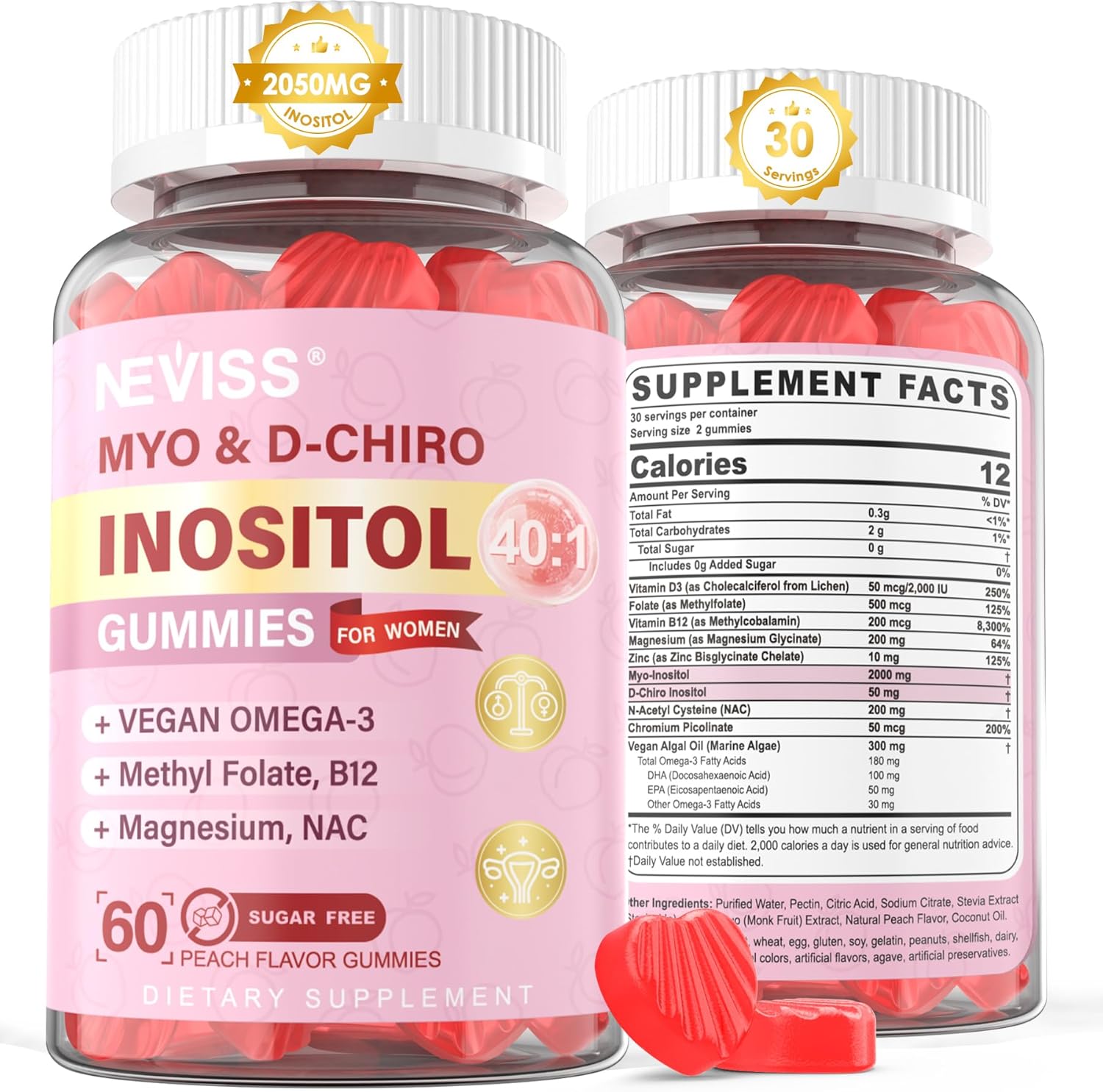 Myo-Inositol & D-Chiro Inositol Gummies Sin Azúcar, Ratio 40:1 con Omega-3 Vegano, Vitamina D3, Magnesio, Folato Metilado, B12 - Complemento Multivitamínico para el Bienestar Femenino