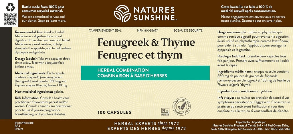 Nature's Sunshine Fenogreco y Tomillo, 100 Cápsulas, Kosher
