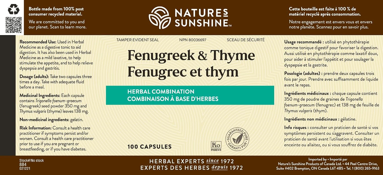 Nature's Sunshine Fenogreco y Tomillo, 100 Cápsulas, Kosher