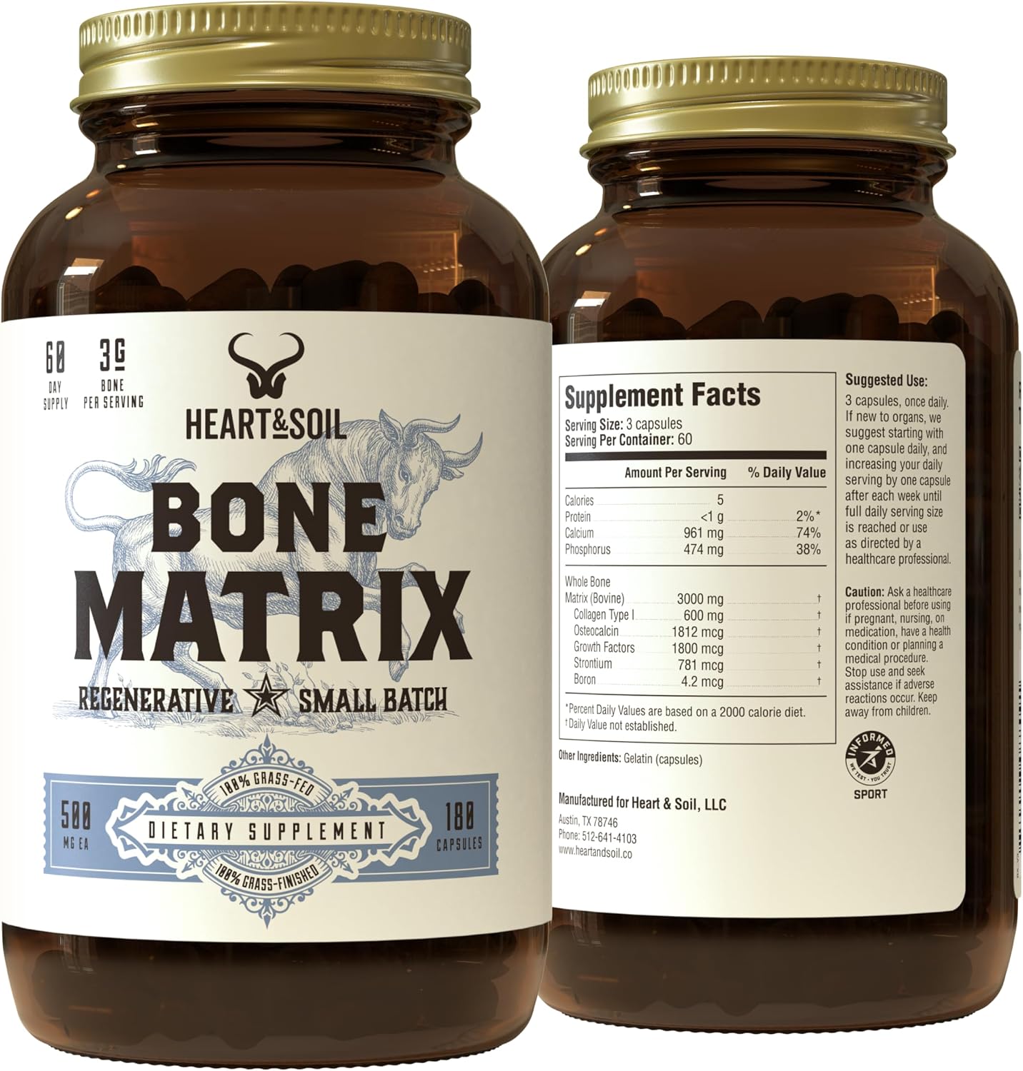 HEART & SOIL Grass Fed Bone Matrix — Matriz Ósea de Pasto 180 Cápsulas