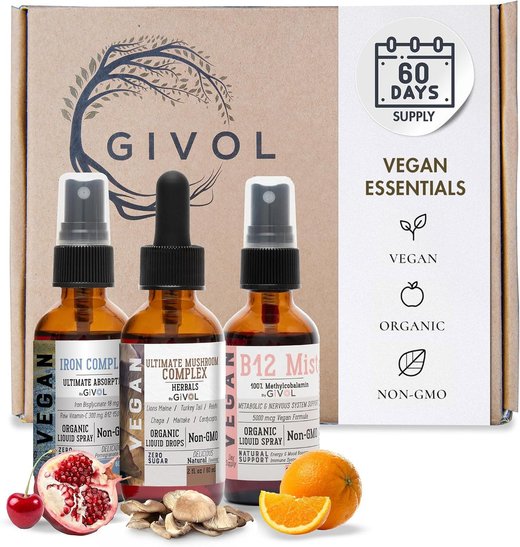 GIVOL Ultimate Vegan Essential Bundle Liquid Spray - Complejo de Hongos, Hierro Bisglicinato y Vitamina B12 Metilcobalamina, 60 ml (360 días)