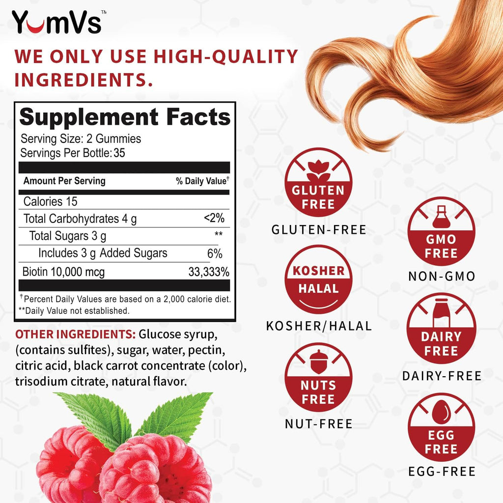 YUM-V'S Biotin Gummies 10.000 mcg – Gominolas de Biotina para Cabello, Piel y Uñas – 70 Gominolas – Sabor Frambuesa – Vegano