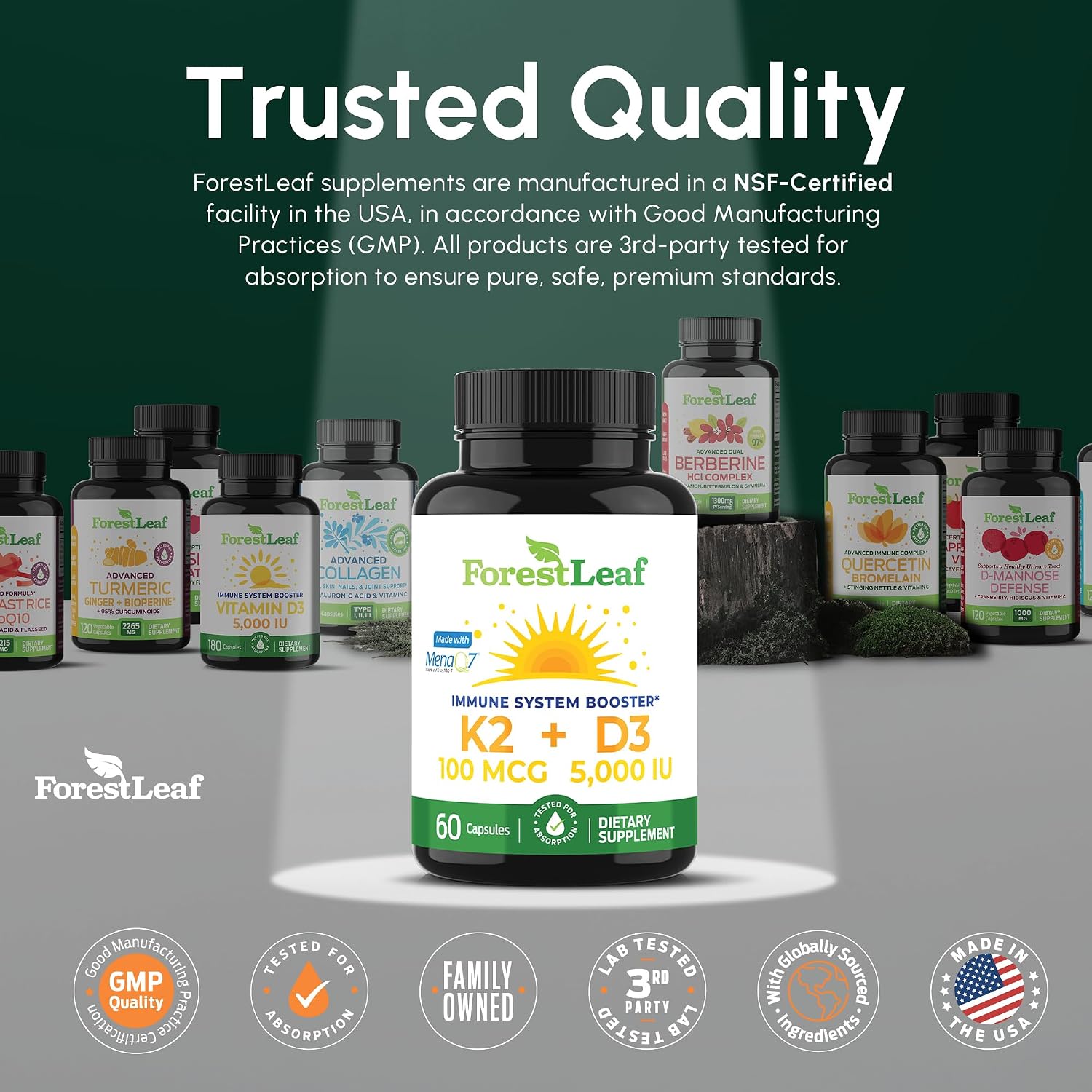 ForestLeaf Vitamina D3 + K2 (MK7) MenaQ7 - 5000 UI - 60 Cápsulas Vegetales