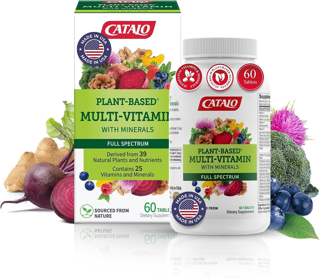 CATALO Multivitamínico para Mujeres y Hombres con Minerales – Fórmula de Origen Vegetal con 25 Vitaminas y Minerales Esenciales, Incluye 39 Frutas, Verduras, Setas y Hierbas – 60 Comprimidos