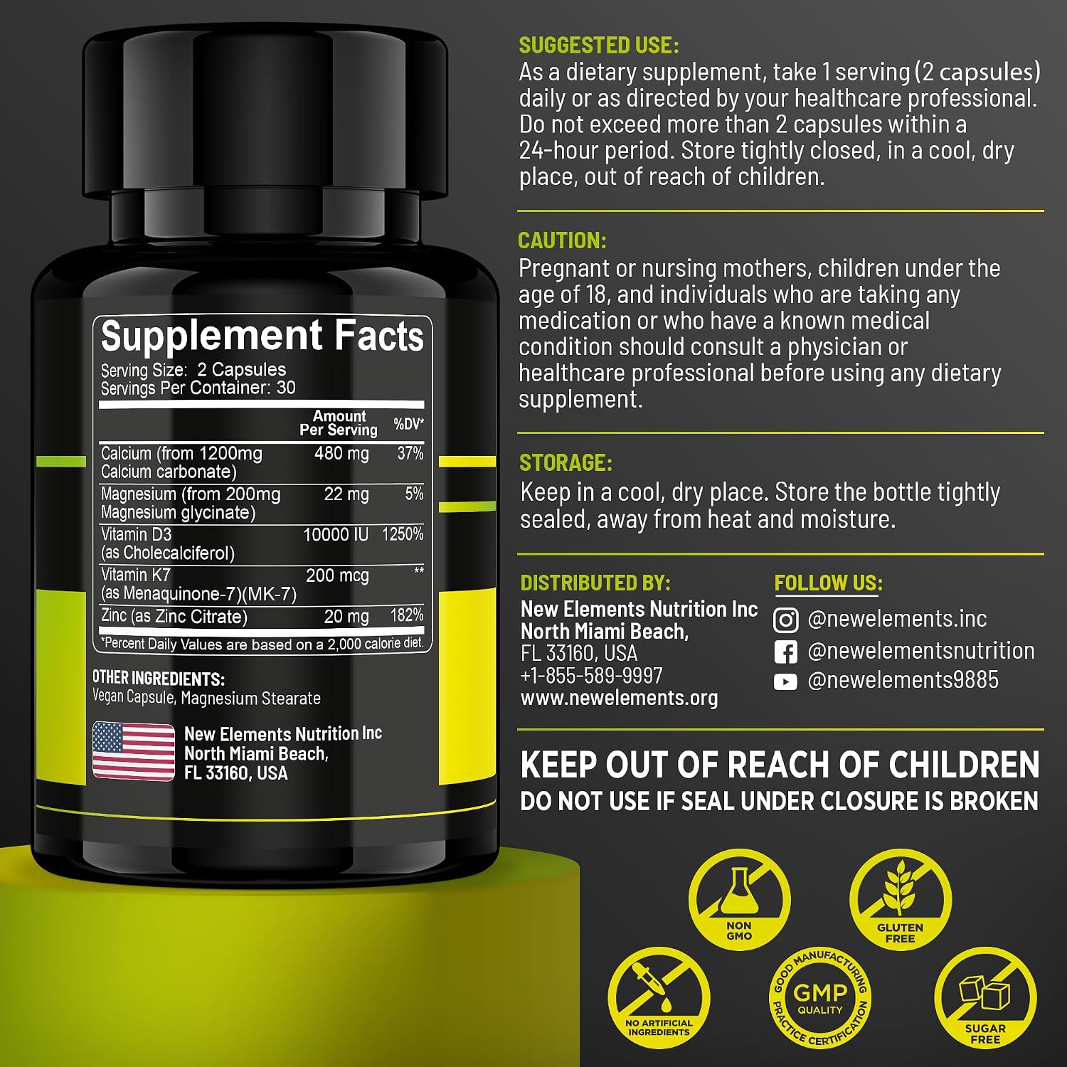Vitamina D3 K2 con Magnesio, Zinc y Calcio | 10.000 UI D3, 200 mcg K2 MK7, 1500 mg Magnesio Glicinato | Vegano, Non-GMO