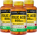 Ácido Fólico 800 mcg, Complemento Prenatal y Bienestar General, 100 Comprimidos (Pack de 3)