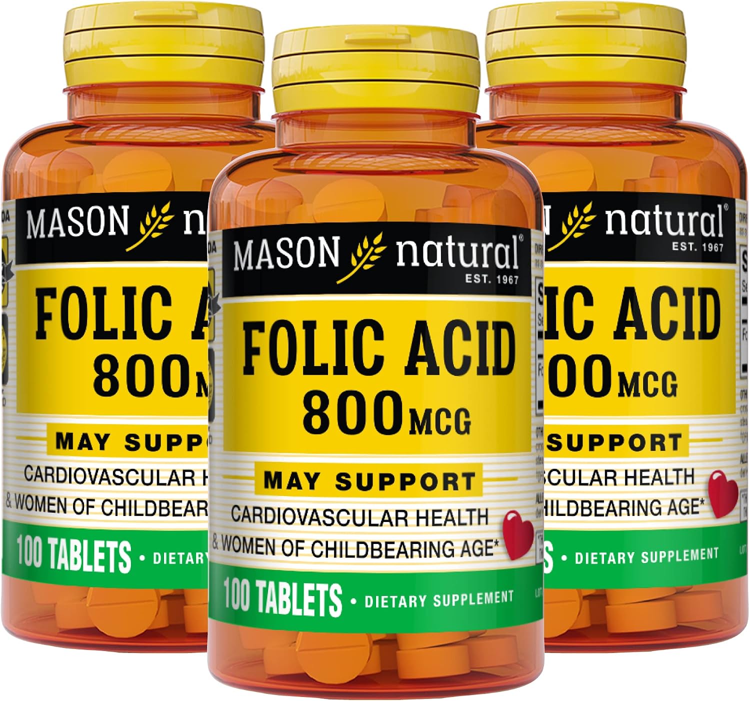 Ácido Fólico 800 mcg, Complemento Prenatal y Bienestar General, 100 Comprimidos (Pack de 3)