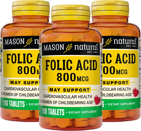Ácido Fólico 800 mcg, Complemento Prenatal y Bienestar General, 100 Comprimidos (Pack de 3)