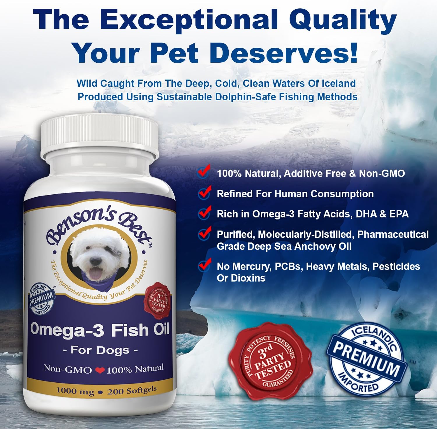 Benson's Best Omega 3 Fish Oil for Dogs - Anchovy Oil Capsules - 200 Count 1000mg Capsules - 100% Pure, Non-GMO, All Natural Supplement for Dogs