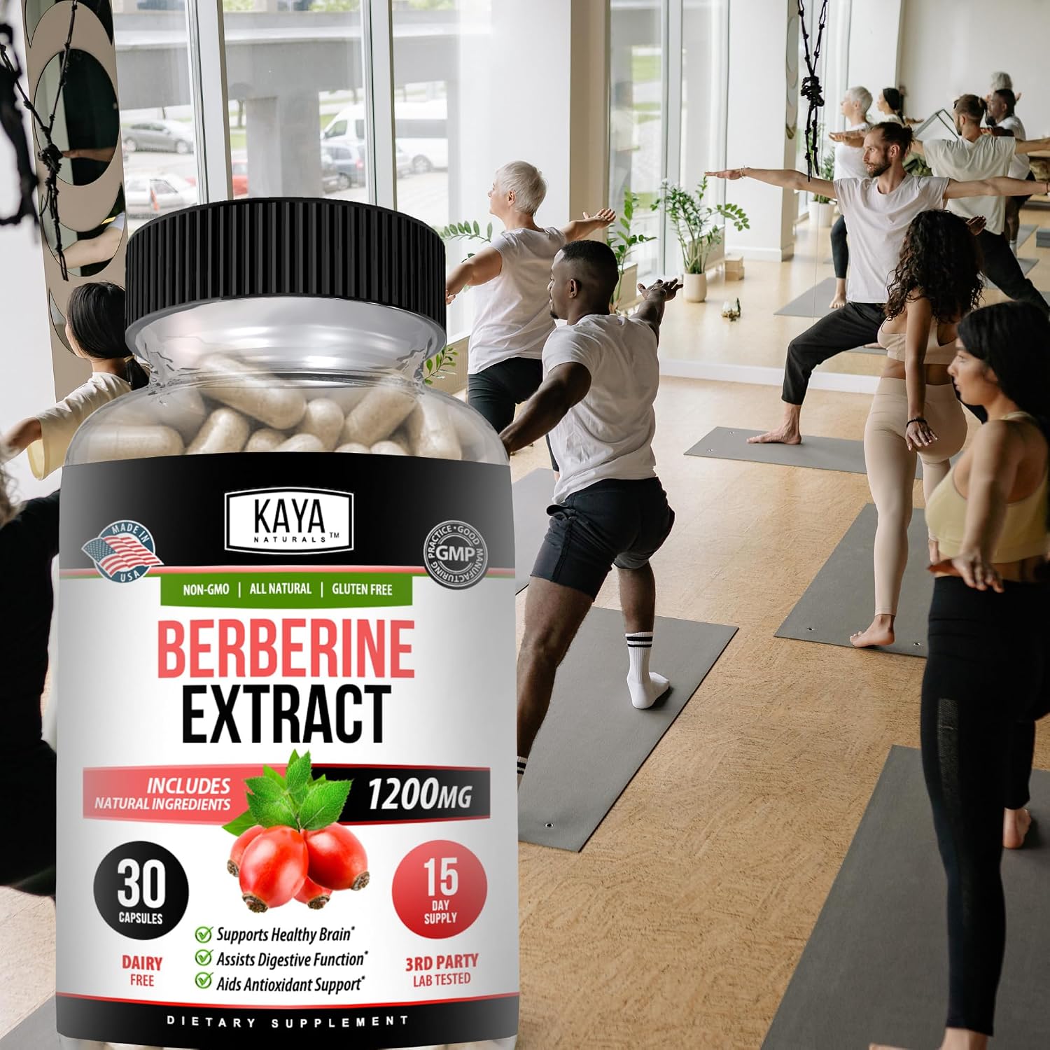 Kaya Naturals Berberine HCL Extract 1200mg - Sistema Inmunitario, Niveles de Glucosa, Salud Intestinal (30 Cápsulas)