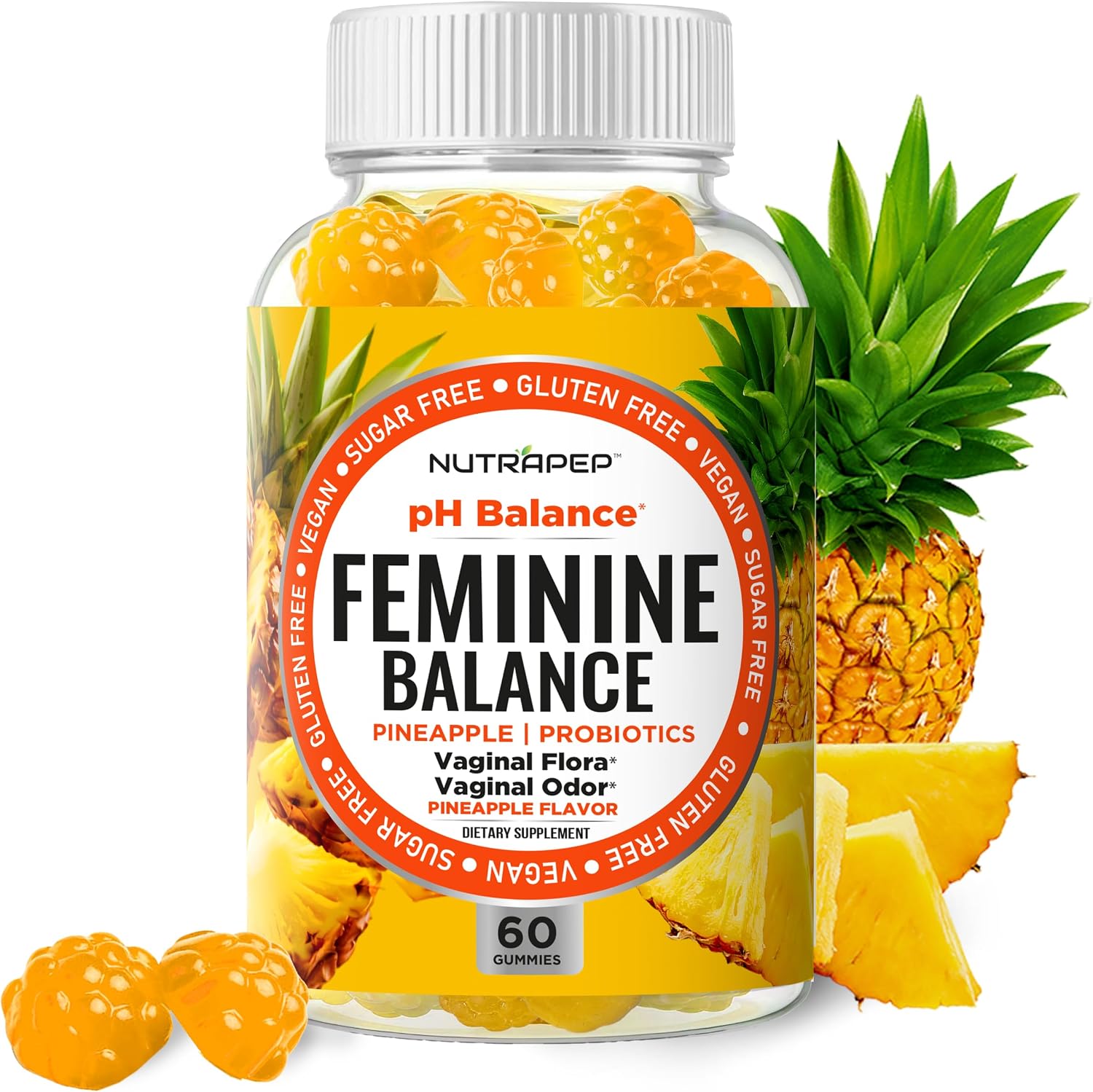 NutraPep Feminine Balance Probiotics Gummies para Mujeres - Salud Vaginal y Equilibrio del pH - Suplemento Natural con Arándano y Piña - Sin Azúcar, Sin Gluten, Vegano