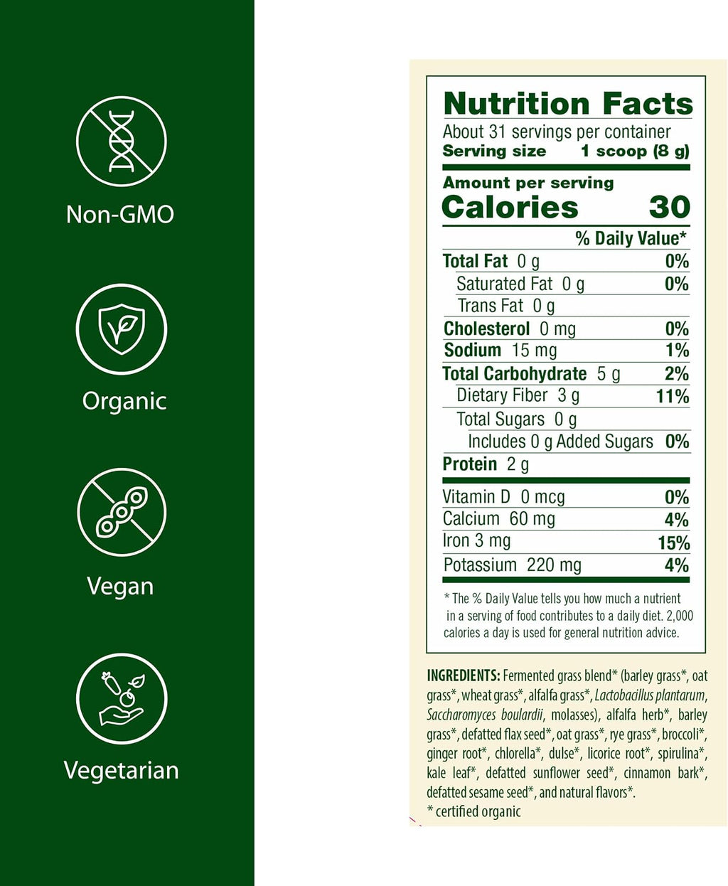 Flora Green Blend - Mezcla de Pastos Fermentados Ecológicos - 252 g (8.9 oz) en Polvo