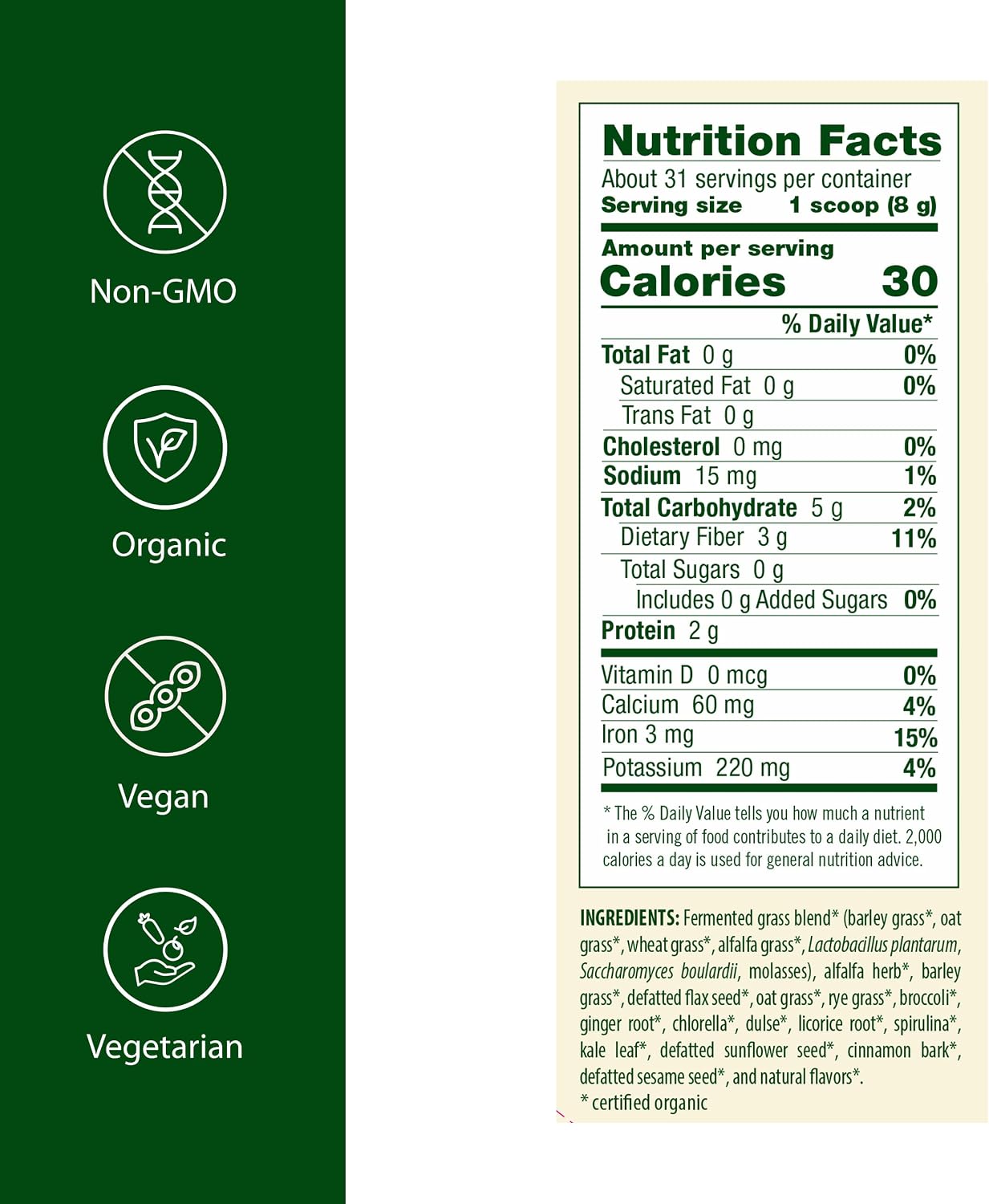 Flora Green Blend - Mezcla de Pastos Fermentados Ecológicos - 252 g (8.9 oz) en Polvo