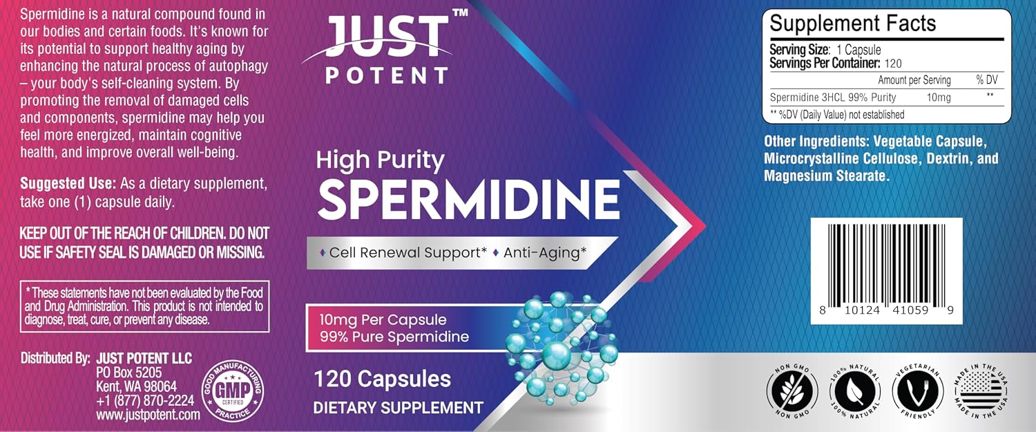 Just Potent Espermidina de Alta Pureza (99%) - 120 Cápsulas, 10 mg por Cápsula