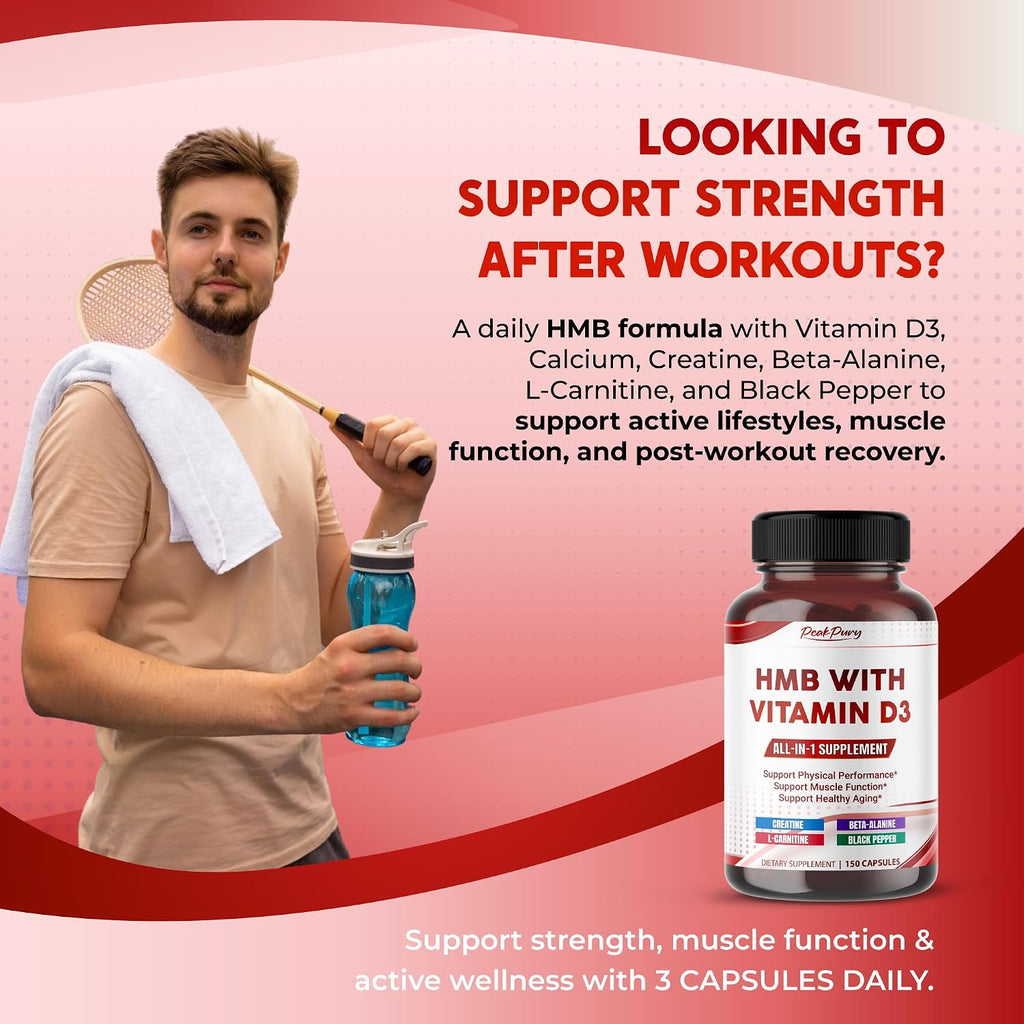 PEAKPURY Ultra HMB con Vitamina D3 6000 UI, Creatina, Beta-Alanina y L-Carnitina - 150 Cápsulas