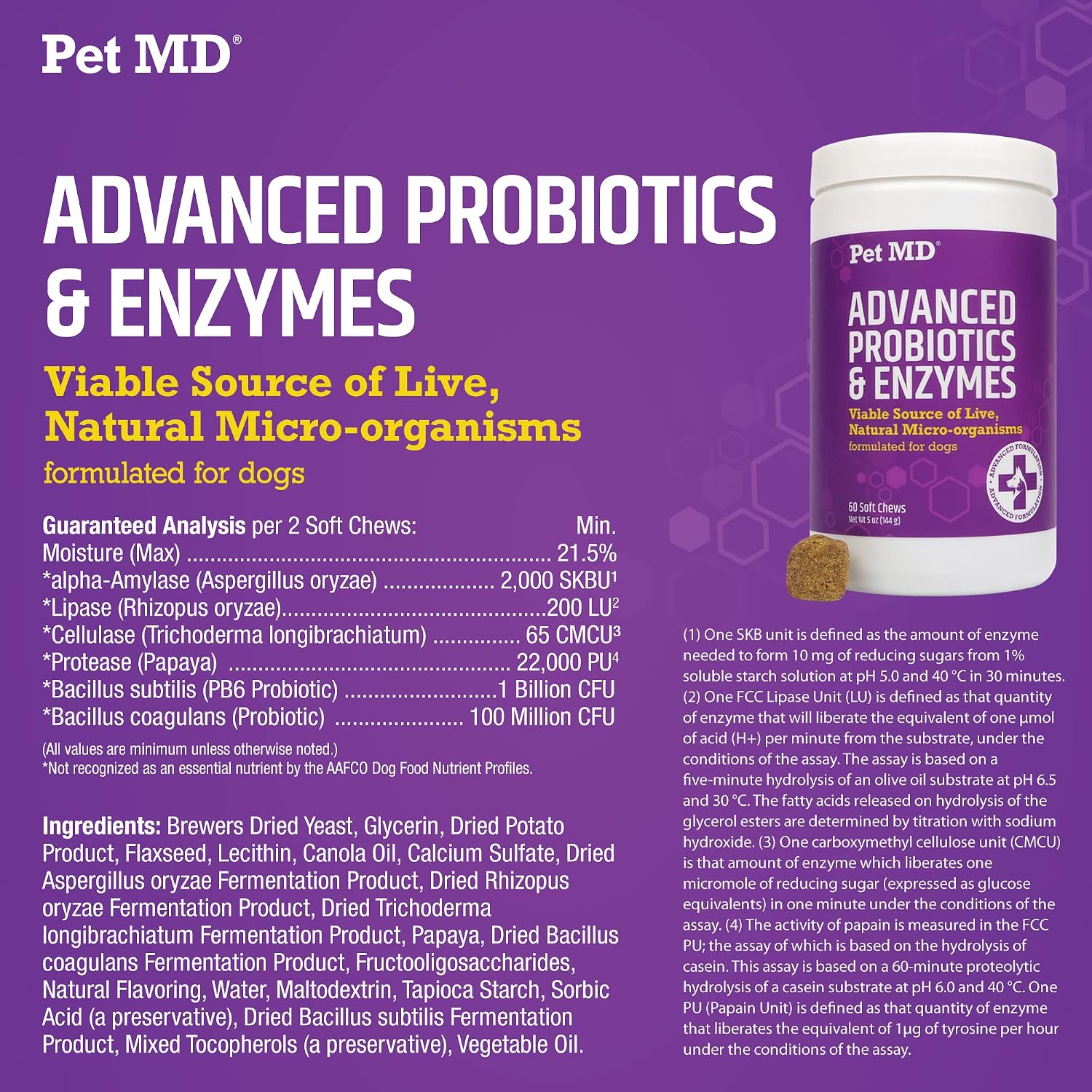 Pet MD Probióticos y Enzimas para Perros - Masticables de Salud Intestinal con Prebióticos - 60 unidades