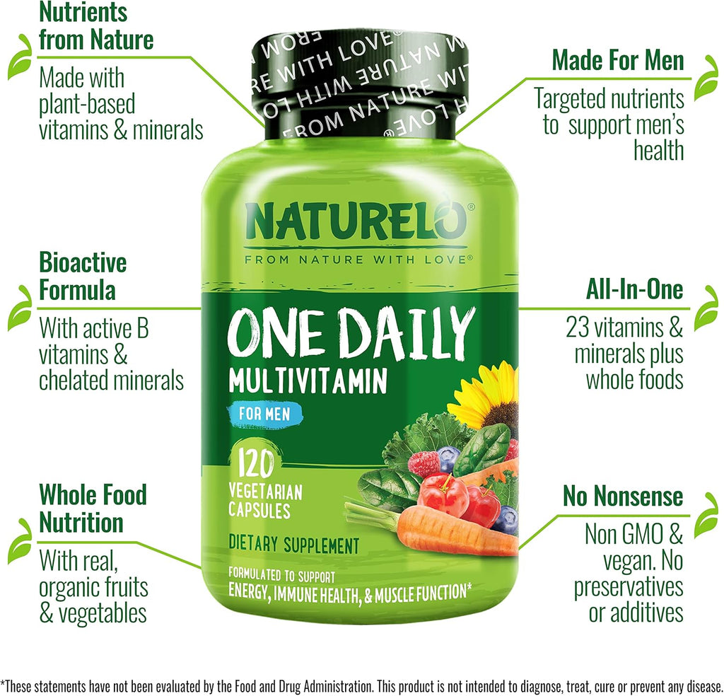 NATURELO Multivitamínico para Hombres – 1 Cápsula Diaria con Vitaminas, Minerales y Alimentos Ecológicos, 120 Cápsulas Vegetales