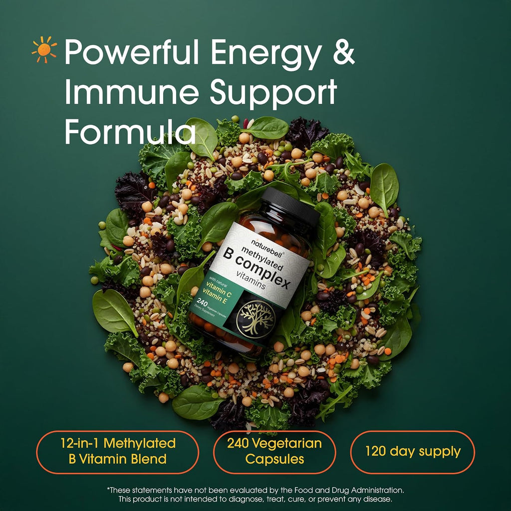 NatureBell Complejo B Metilado - 240 Cápsulas Vegetarianas - Fórmula 12 en 1 de Alta Biodisponibilidad - Apoyo Inmunológico y Energético* - No GMO y Sin Gluten