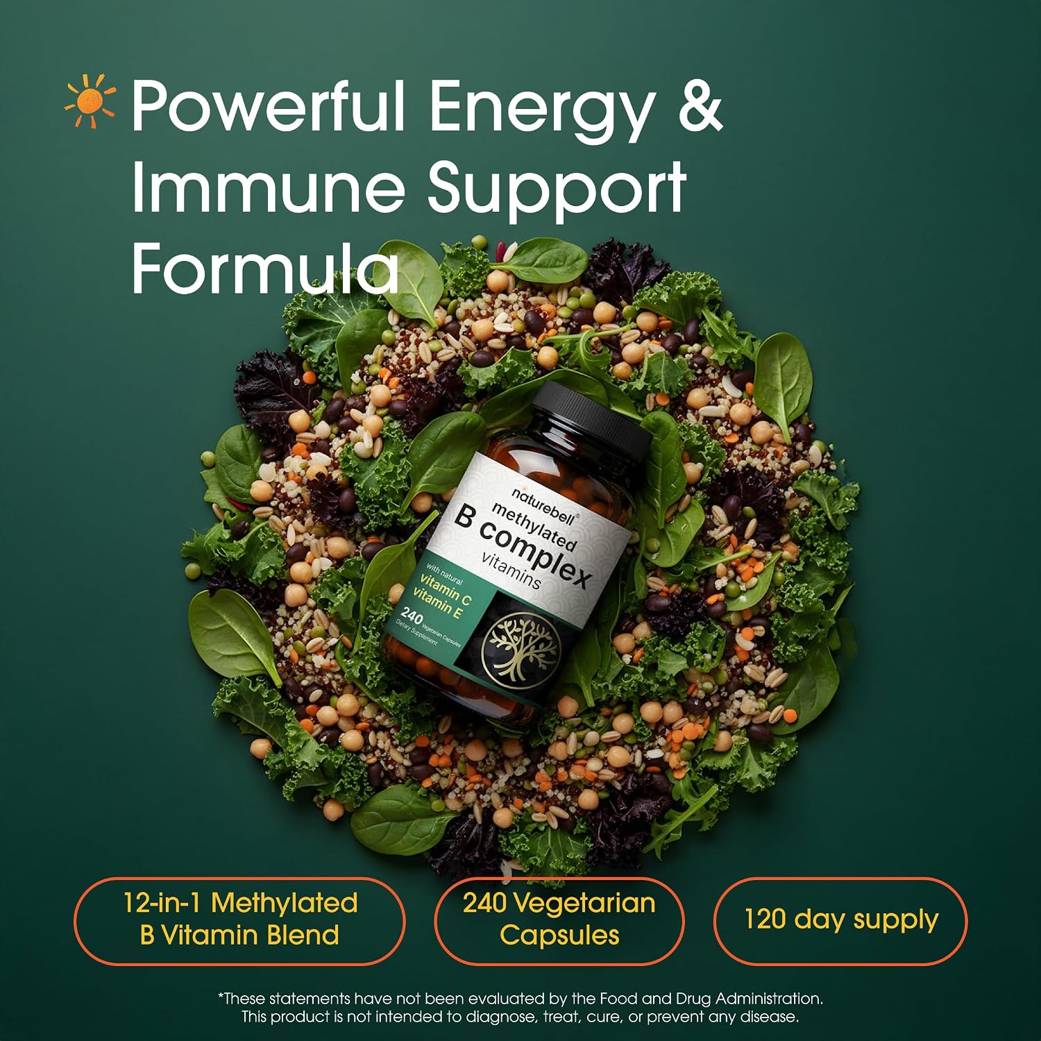 NatureBell Complejo B Metilado - 240 Cápsulas Vegetarianas - Fórmula 12 en 1 de Alta Biodisponibilidad - Apoyo Inmunológico y Energético* - No GMO y Sin Gluten