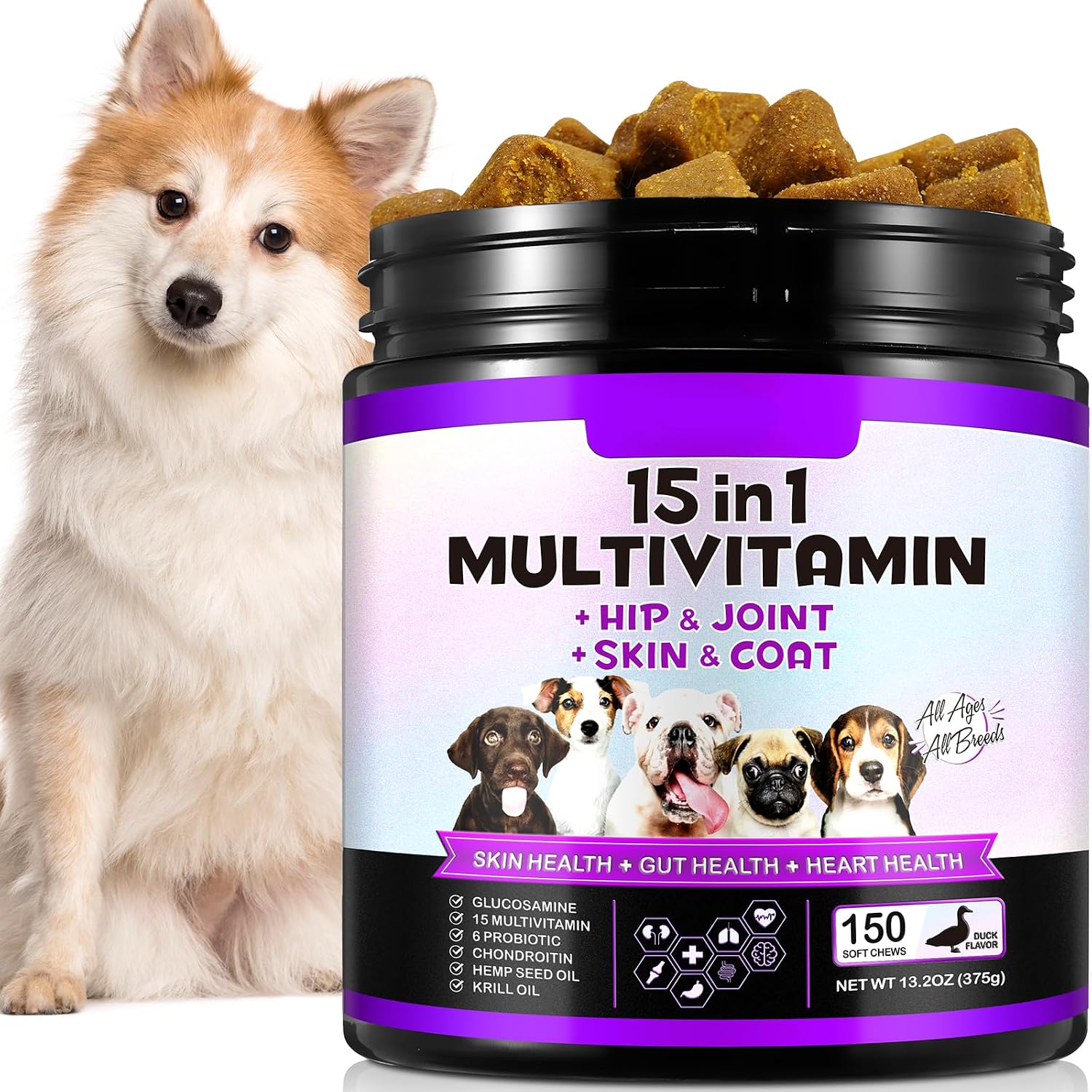 15-in-1 Multivitamínico para Perros con Glucosamina y Probióticos - Masticables Naturales Sabor Pato, 150 Piezas