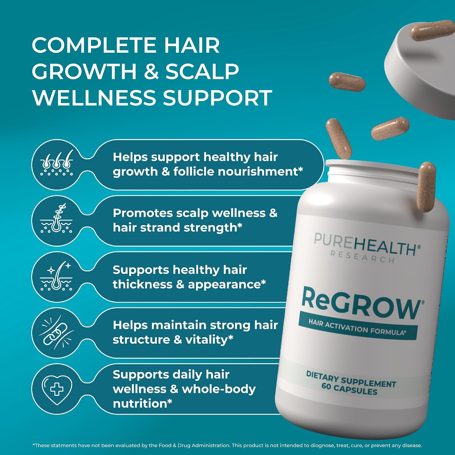 PUREHEALTH RESEARCH ReGrow - Suplemento Capilar con Biotina, Colágeno y Queratina - 60 Cápsulas