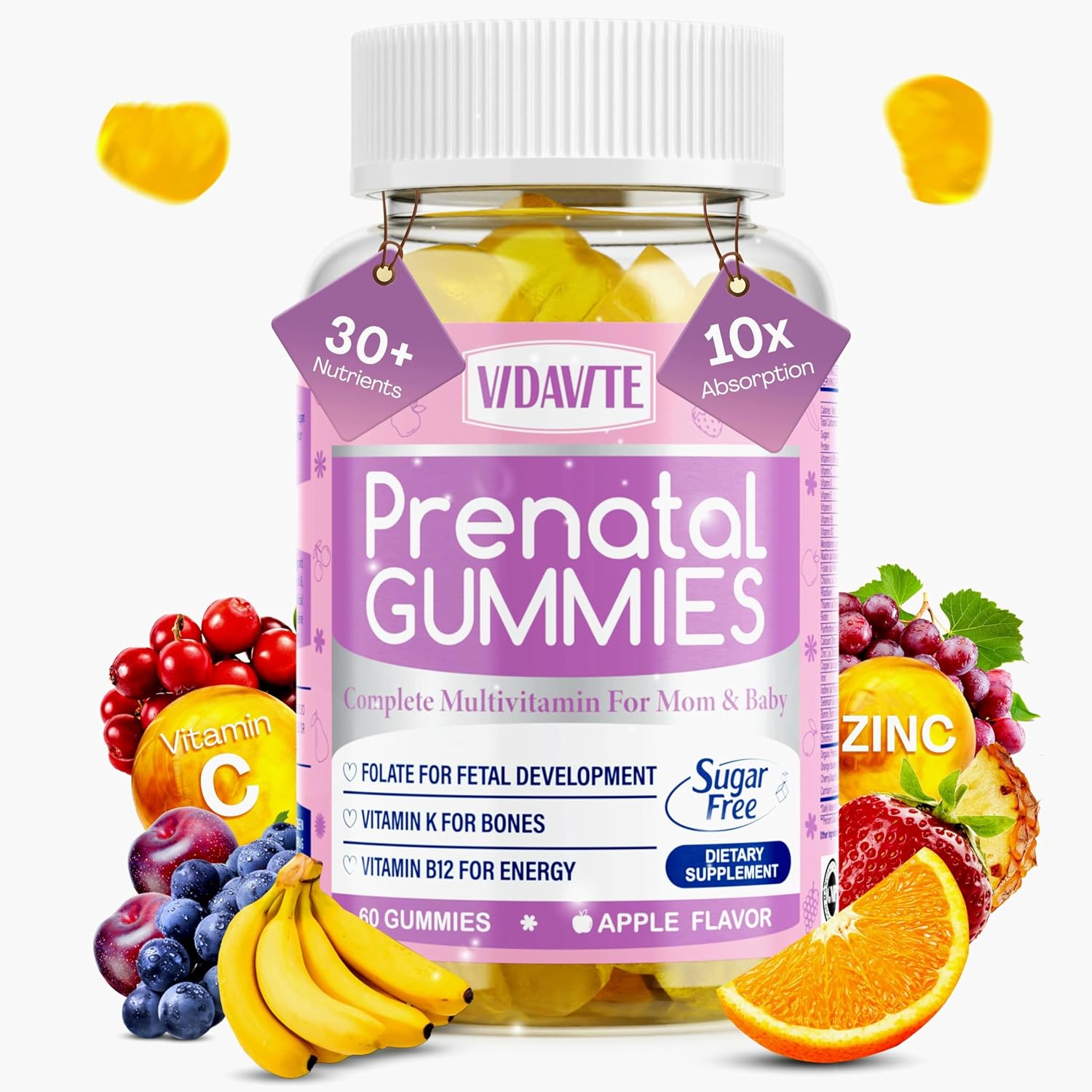 VIDAVITE Gominolas Prenatales Sin Azúcar - 30+ Nutrientes (Colina, Folato, Hierro) para el Apoyo Fetal y Neural, Huesos, Energía e Inmunidad - Vitaminas Prenatales Veganas para Mujeres (60 Gominolas)
