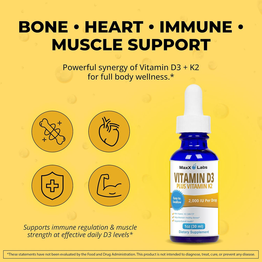 MaxX Labs Vitamina D3 K2 Líquida con K2 MK7 - 2000 UI por gota - 30 ml (1 oz)