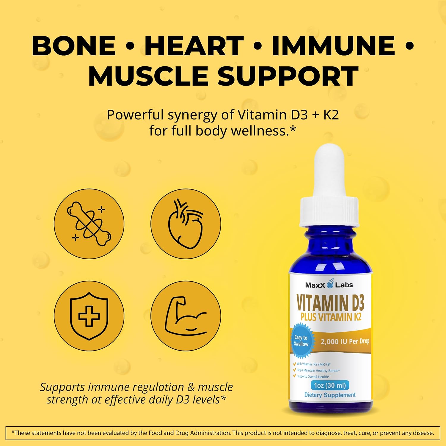 MaxX Labs Vitamina D3 K2 Líquida con K2 MK7 - 2000 UI por gota - 30 ml (1 oz)
