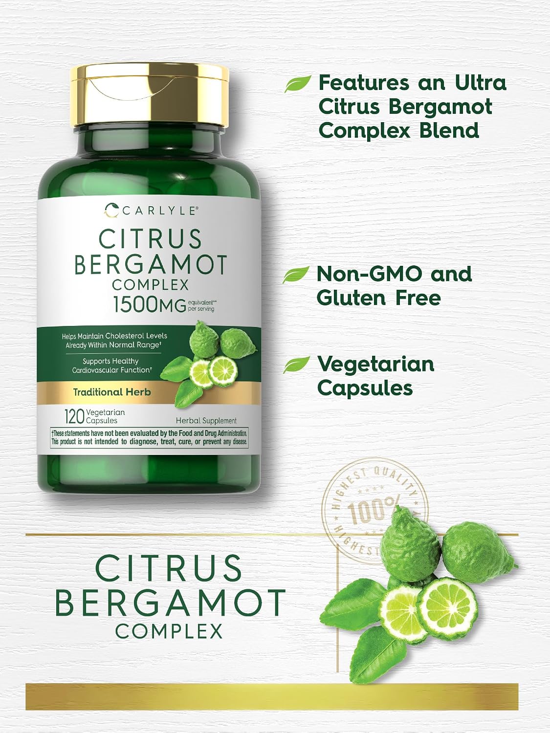 Carlyle Citrus Bergamot Suplemento | 120 Cápsulas | Extracto Complejo | No-GMO, Sin Gluten