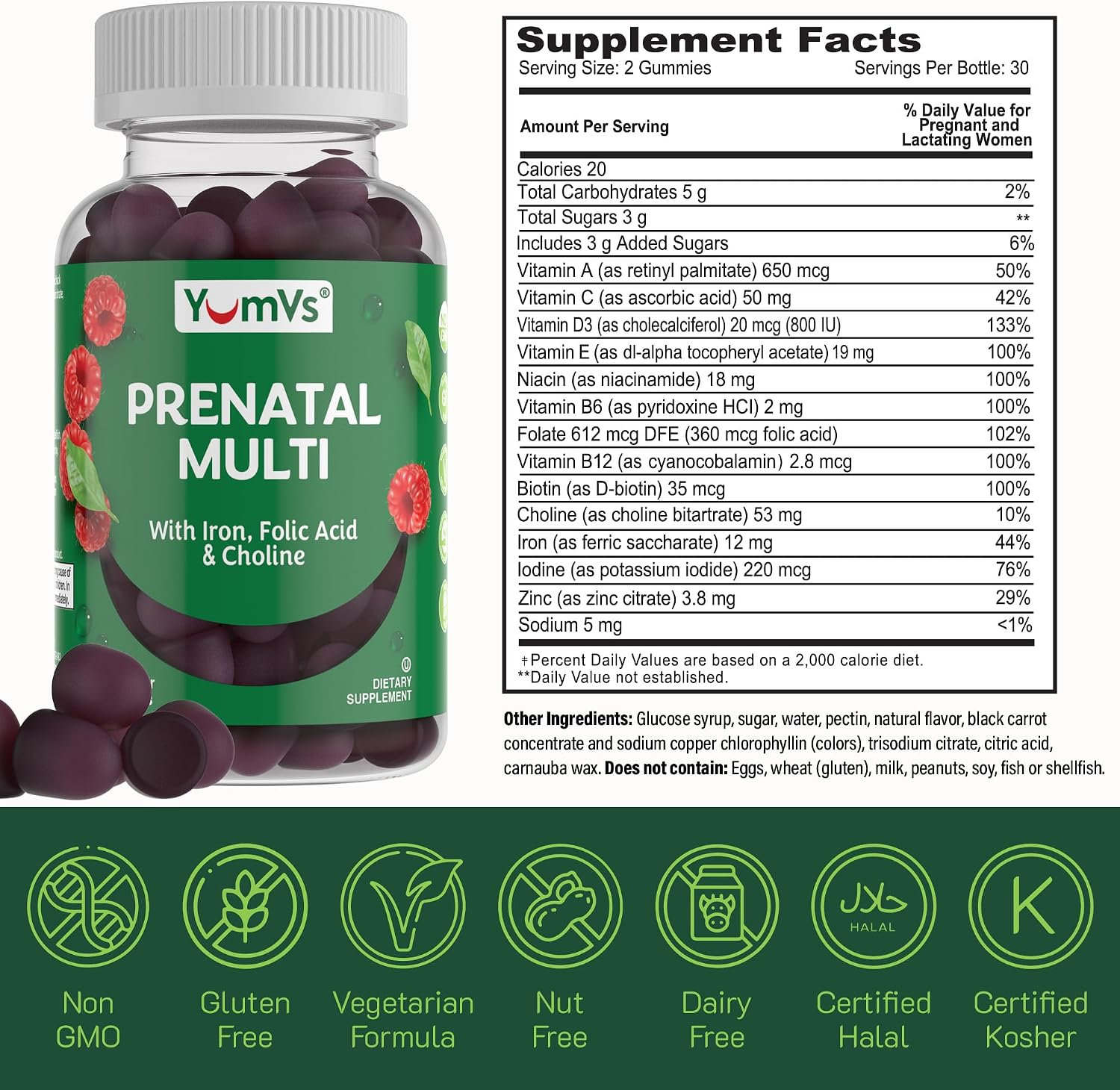 YumVs Gominolas Prenatales con Ácido Fólico, Hierro y Colina - 60 Gominolas