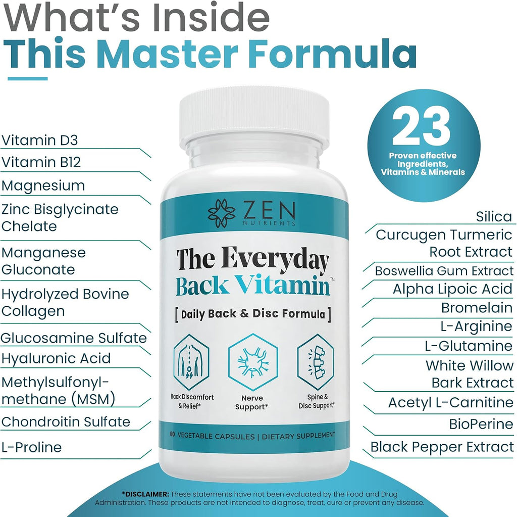 Zen Nutrients The Everyday Back Vitamin - Alivio para la Espalda Baja y Soporte de la Función Nerviosa - Alivio de Espalda, Discos y Nervios con Ácido Alfa Lipoico, Cúrcuma y Glucosamina (60 Cápsulas)