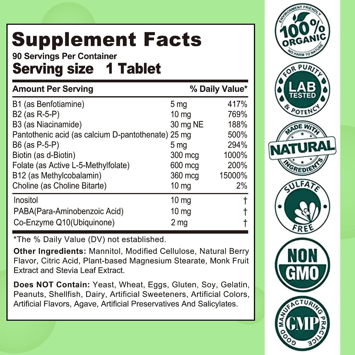 Complejo B Vitaminas sin Azúcar con Metil B12, Metilfolato, B6, B1, B2, B3 - Comprimidos Sublinguales de Rápida Disolución - 180 Comprimidos Veganos