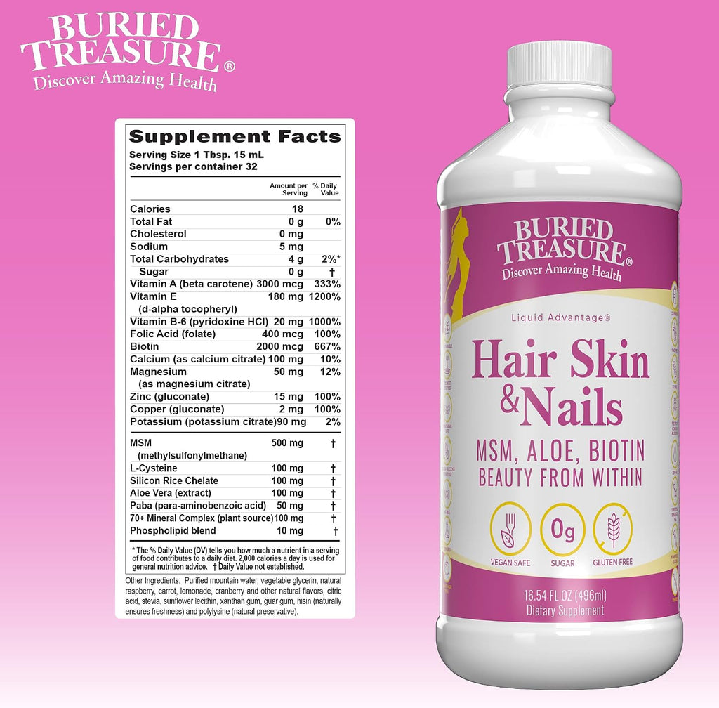 Buried Treasure Hair, Skin and Nails - Complejo Líquido de Biotina, MSM y Aloe Vera - 473 ml (16 oz)