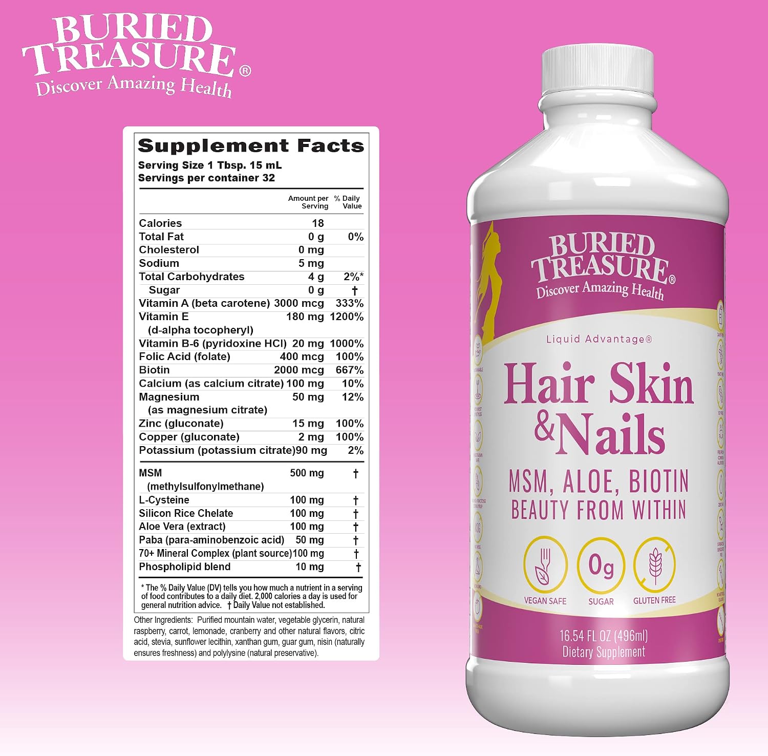 Buried Treasure Hair, Skin and Nails - Complejo Líquido de Biotina, MSM y Aloe Vera - 473 ml (16 oz)