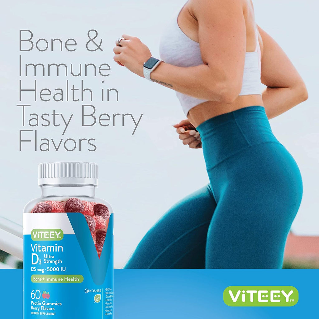 Viteey Vitamin D3 Gummies for Adults & Teens - 5,000 IU, 125mcg | Ultra Strength - Joint & Muscle Health, Immune Boost - Chewable Vitamin D Gummies - Vegetarian, Gelatin Free - 60 Count