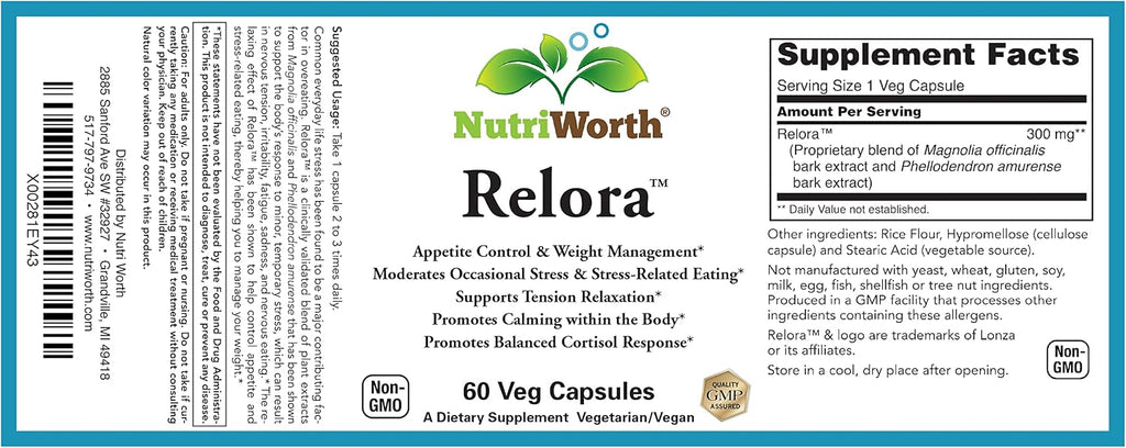 NutriWorth Relora - Complemento alimenticio con magnolia y phellodendron, 300 mg, 60 cápsulas vegetales