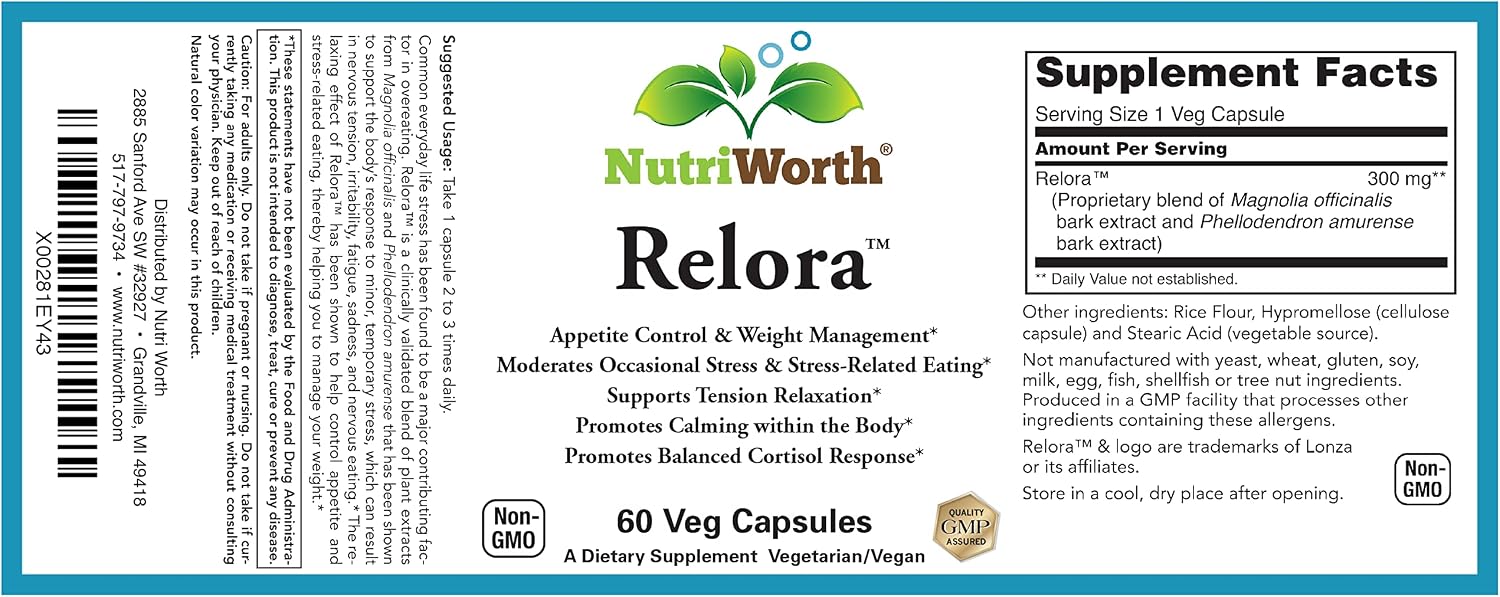 NutriWorth Relora - Complemento alimenticio con magnolia y phellodendron, 300 mg, 60 cápsulas vegetales