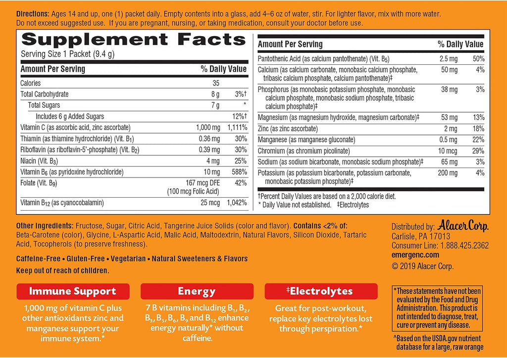 Emergen-C 1000mg Vitamina C en Polvo con Antioxidantes y Vitaminas B, Sabor Mandarina - 60 Sobres