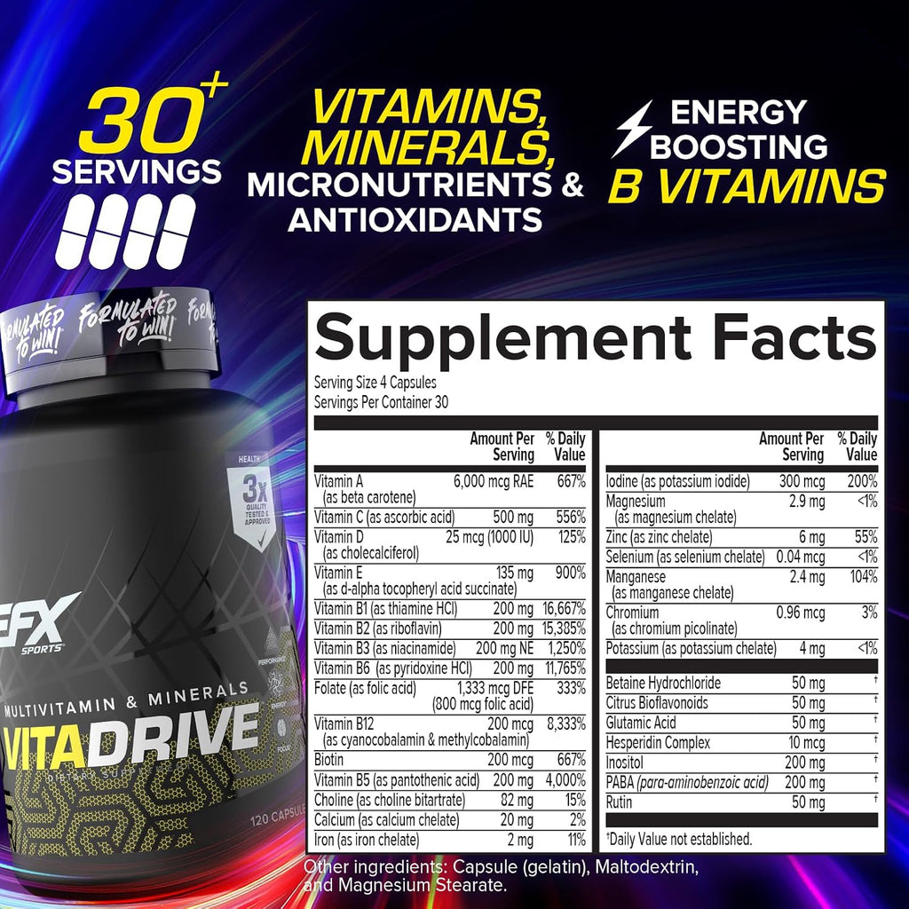 EFX Sports Vita Drive | Multivitamínico para Atletas | Complejo de Vitaminas, Minerales, Micronutrientes y Antioxidantes | 30 Servicios, 120 Cápsulas