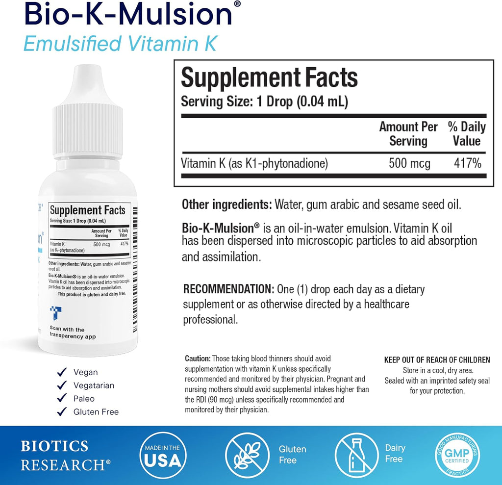 Bio K Mulsion de Biotics Research – Gotas de Vitamina K1 (500 mcg)