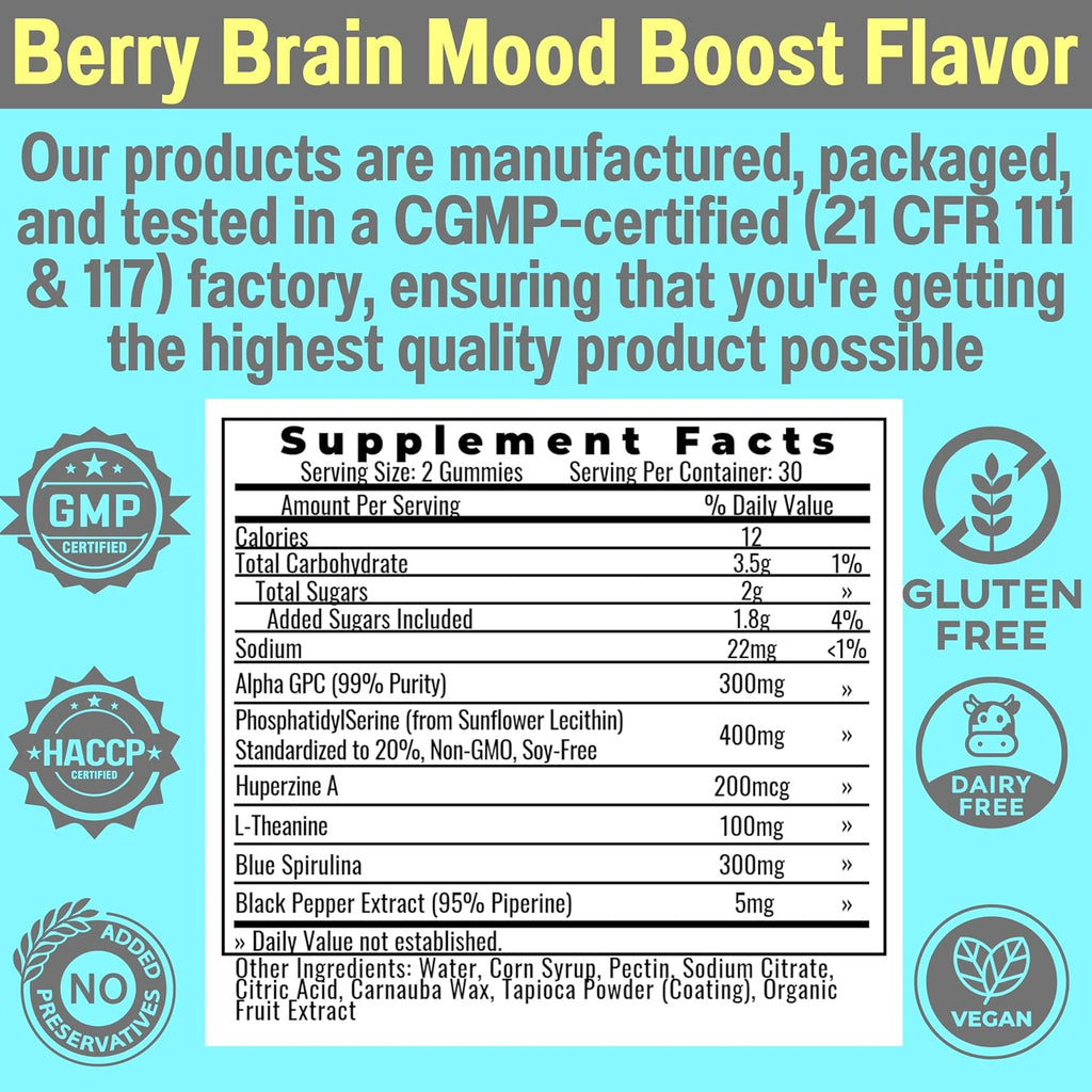 SHIZAM Gominolas Brain Elevator 6 en 1: Alpha GPC, Huperzina A, Fosfatidilserina, L-Teanina, Espirulina Azul y Bioperina
