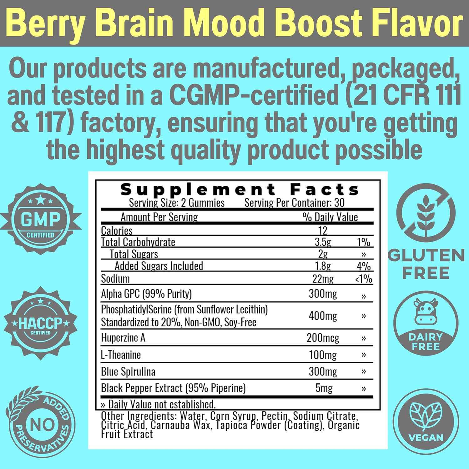 SHIZAM Gominolas Brain Elevator 6 en 1: Alpha GPC, Huperzina A, Fosfatidilserina, L-Teanina, Espirulina Azul y Bioperina