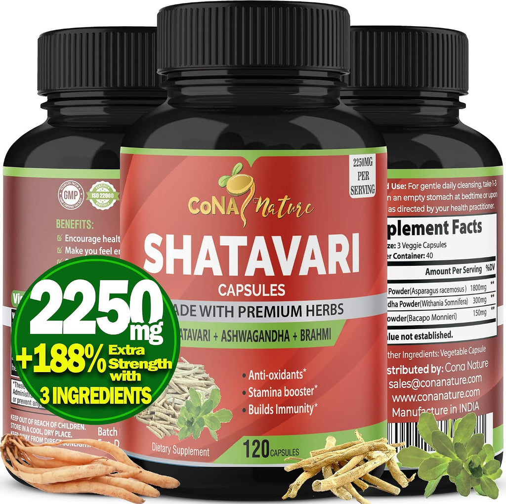 Cona Nature Organic Shatavari Powder Capsules 2250 mg con Ashwagandha y Brahmi | Apoyo a la salud femenina, 120 cápsulas veganas