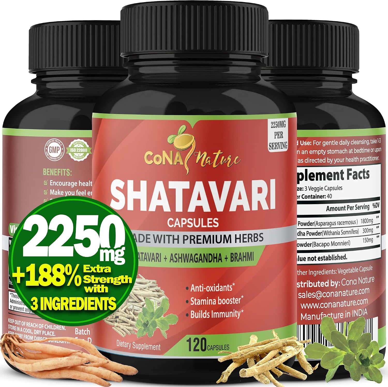 Cona Nature Organic Shatavari Powder Capsules 2250 mg con Ashwagandha y Brahmi | Apoyo a la salud femenina, 120 cápsulas veganas