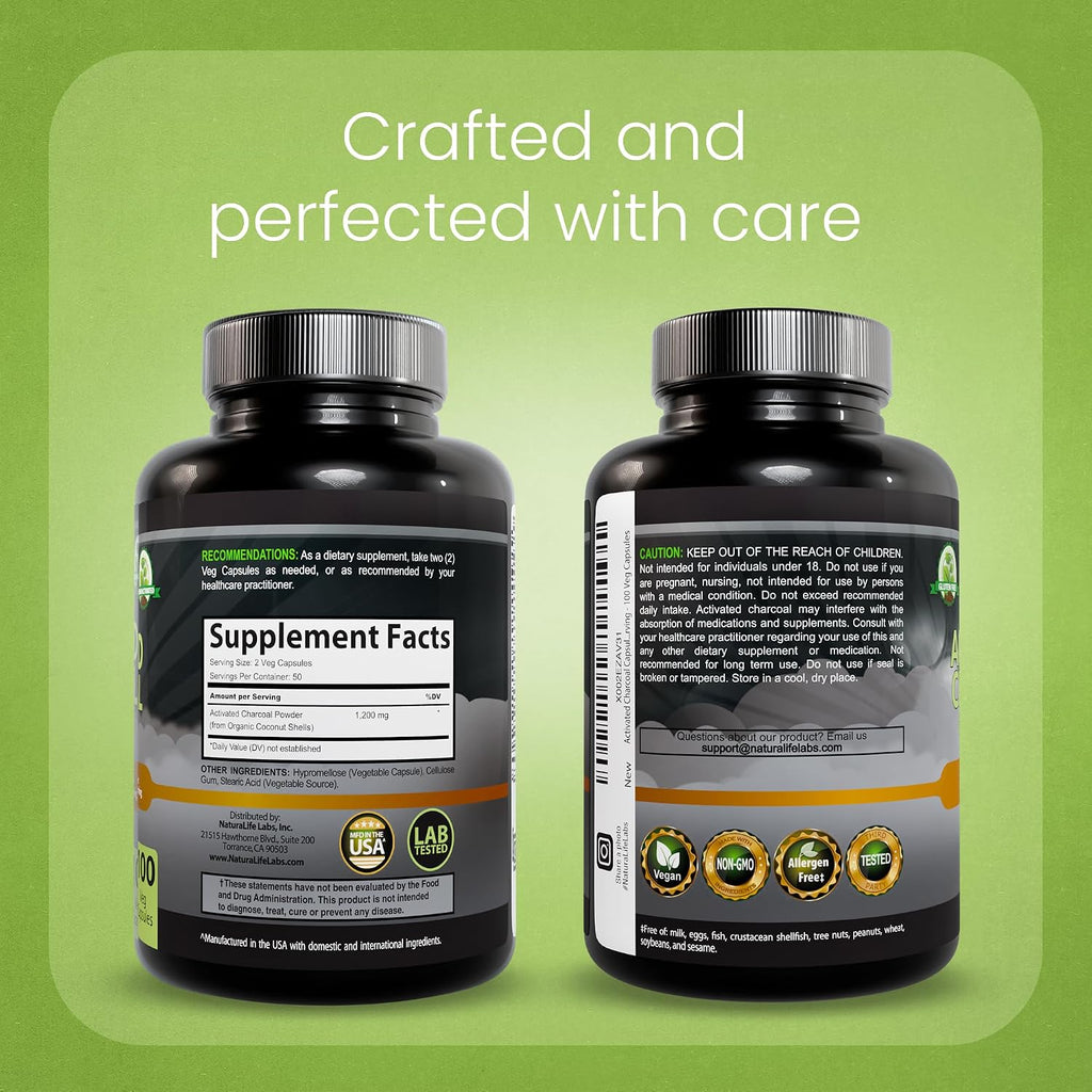 NaturaLife Labs Carbón Activado 1200 mg por dosis - 100 Cápsulas Veganas - No GM, Sin Gluten, Vegano