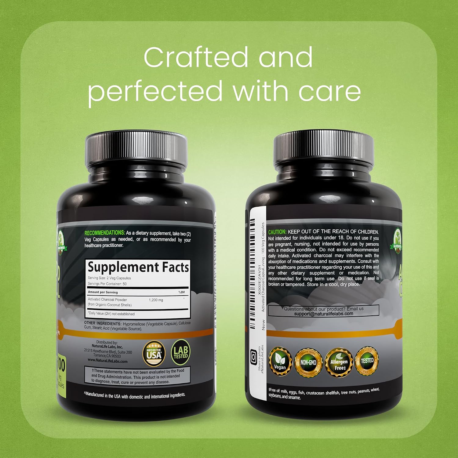 NaturaLife Labs Carbón Activado 1200 mg por dosis - 100 Cápsulas Veganas - No GM, Sin Gluten, Vegano