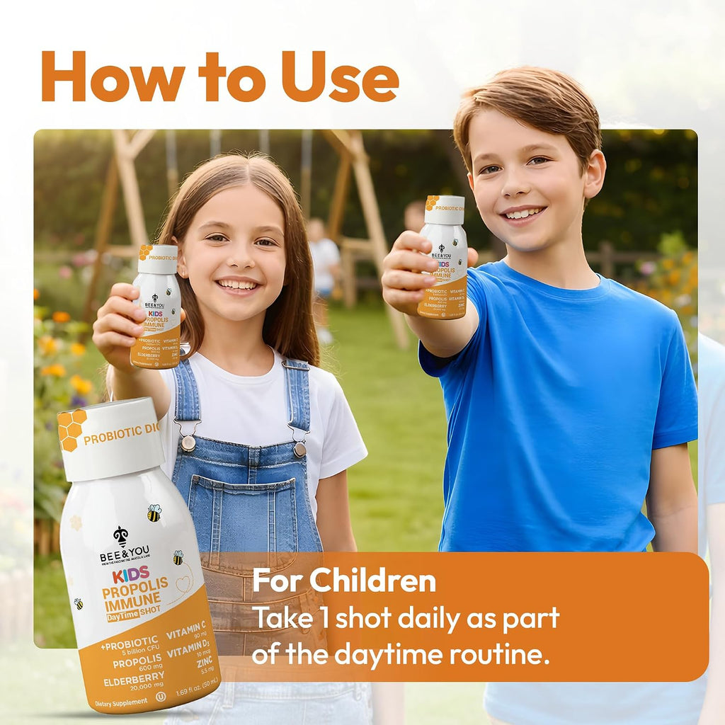 Bee and You Kids Propolis Immune Day Time Shot - Probiótico, Vitamina C, D3, Zinc, Apoyo Inmunitario y Digestivo, 1.69 fl oz, Pack de 12
