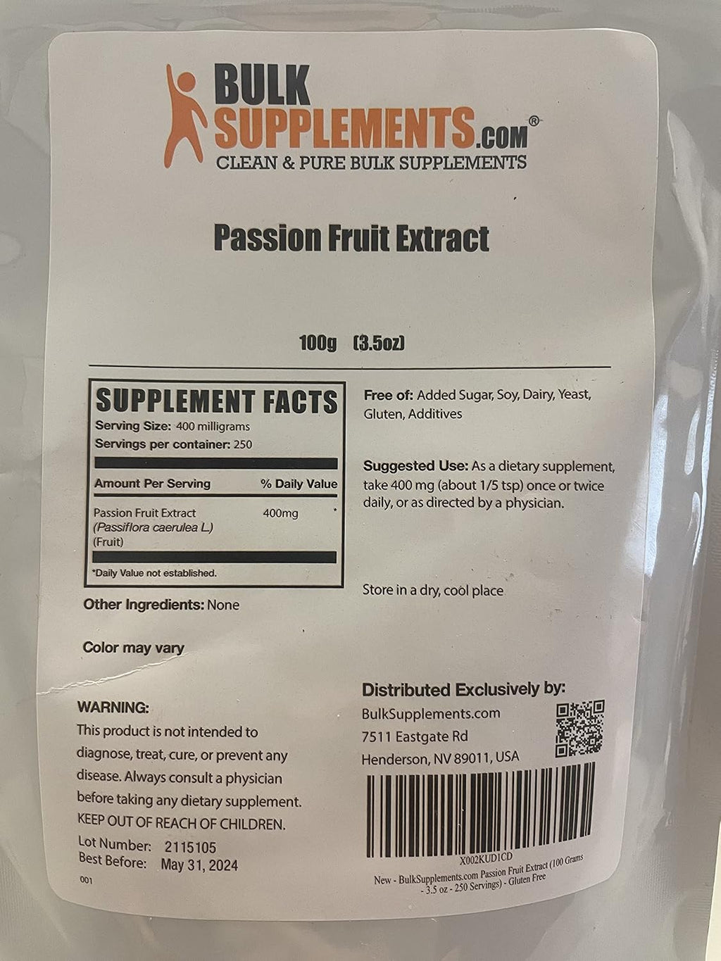 BulkSupplements Extracto de Fruta de la Pasión en Polvo - 100g - Sin Gluten y Sin Azúcar Añadido