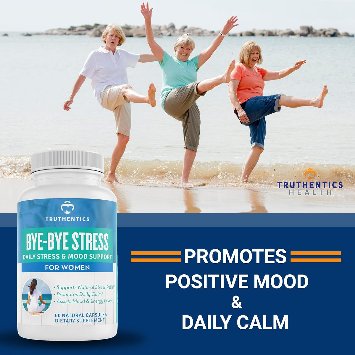 TRUTHENTICS Bye-Bye Stress - Suplemento para el Estrés y el Estado de Ánimo para Mujeres con Ashwagandha, GABA, Melisa, L-Teanina y Complejo B - Vegano - 60 Cápsulas - görsel 5